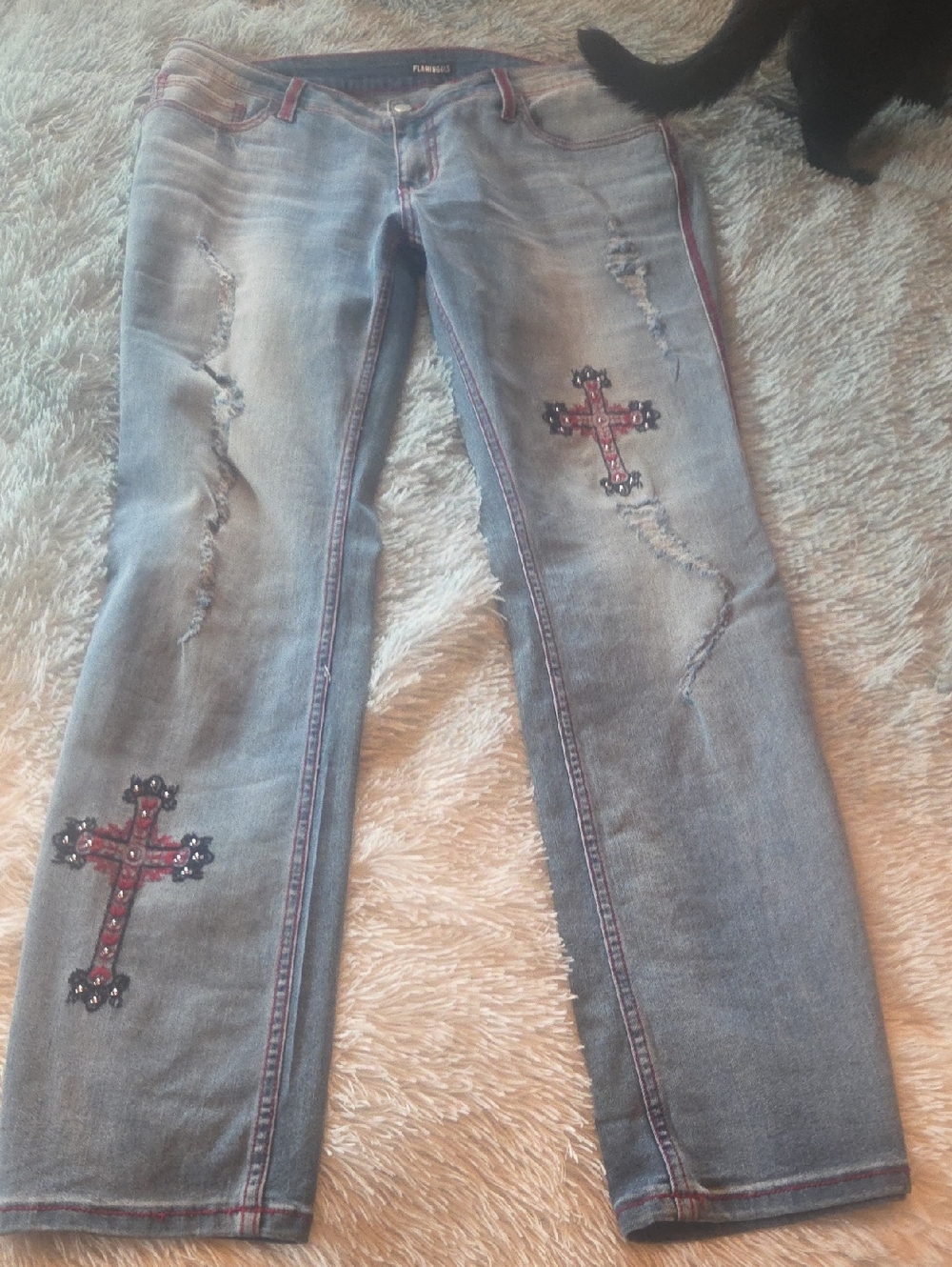 Flamingo Straight Leg Embroidered Cross Light Blue Jeans